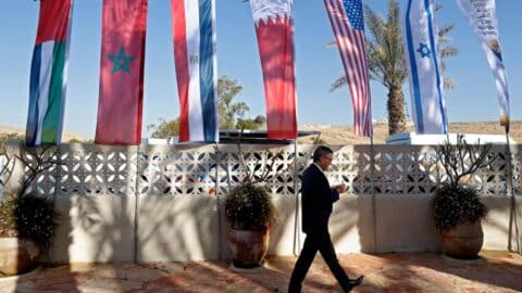 Flags are set up during Israel's Negev Summit attended by the US Secretary of State, alongside Foreign Ministers of Israel, Egypt, Bahrain, the UAE, and Morocco, at Sde Boker in the southern Negev desert on March 28, 2022.