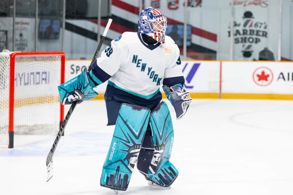 OTTAWA, ON - FEBRUARY 04: New York Goalie Abigail Levy (39) during warm-up before Professional Women's Hockey League (PWHL) action between the New York and Ottawa on February 4, 2024, at TD Place Arena in Ottawa, ON, Canada. (Photo by Richard A. Whittaker/Icon Sportswire via Getty Images)