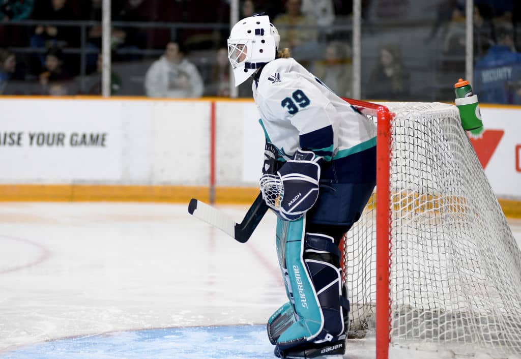 OTTAWA, ONTARIO - FEBRUARY 28: Abigail Levy #39 of New York watches the play up ice during second period against Ottawa at The Arena at TD Place on February 28, 2024 in Ottawa, Ontario. (Photo by Troy Parla/Getty Images)