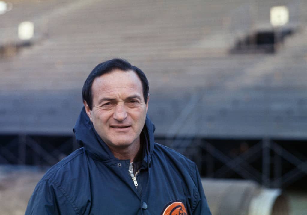 Sid Luckman, the Chicago Bears' quarterbacks coach, pictured during practice at Wrigley Field in Chicago, November 15th 1967. (Photo by Bettmann Archive/Getty Images)