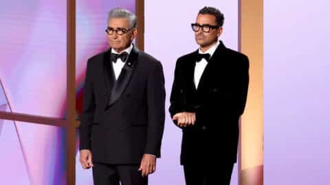 Hosts Eugene Levy and Dan Levy speak onstage during the 76th Primetime Emmy Awards at Peacock Theater on September 15, 2024 in Los Angeles, California. (Photo by Leon Bennett/WireImage)