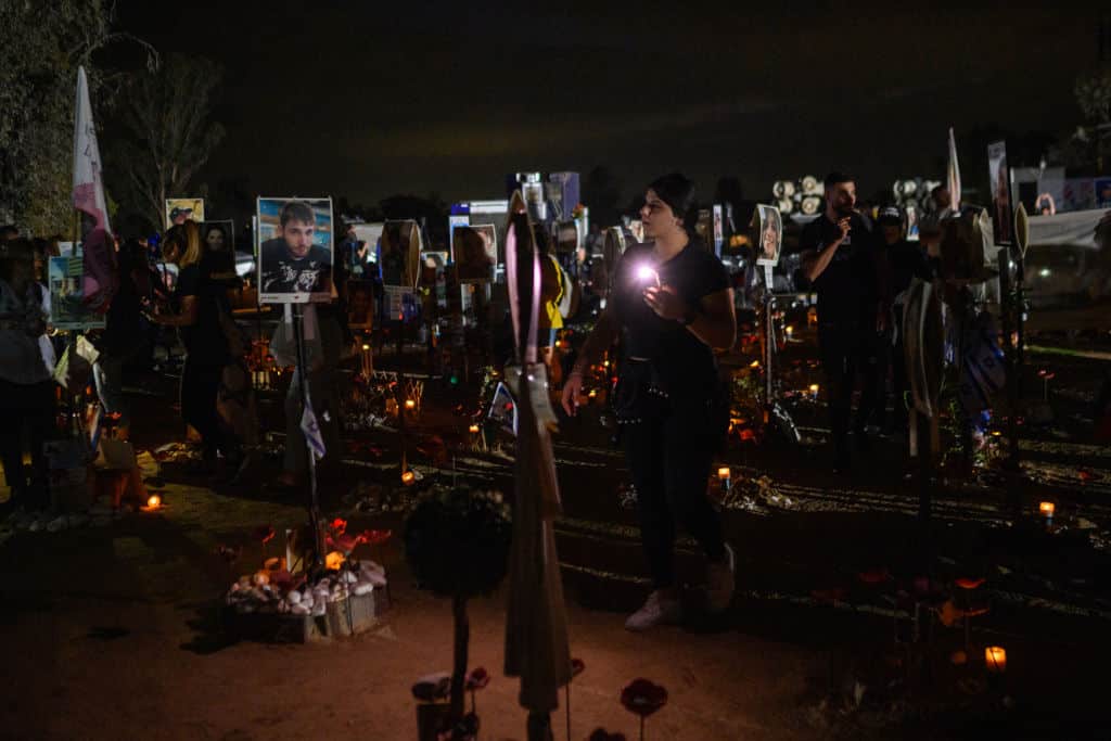 Family and friends gather at the Nova festival memorial to mark the first anniversary since Hamas attacked one year ago on October 07, 2024 in Re'im, Israel.  (Photo by Alexi J. Rosenfeld/Getty Images)