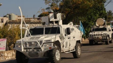 MARJAYOUN, LEBANON - OCTOBER 12: UN Interim Forces (UNIFIL) patrol the streets in the town of Marjayoun, southern Lebanon on October 12, 2024. One UN peacekeeper was injured by gunfire in the town of Naqoura in southern Lebanon, the UN Interim Force in Lebanon (UNIFIL) said on Saturday. (Photo by Ramiz Dallah/Anadolu via Getty Images)