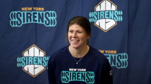 Abigail Levy of the New York Sirens speaks to reporters during the New York Sirens Media Day at the Richard J. Codey Arena on November 14, 2024 in West Orange, New Jersey.