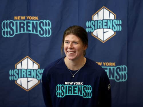 Abigail Levy of the New York Sirens speaks to reporters during the New York Sirens Media Day at the Richard J. Codey Arena on November 14, 2024 in West Orange, New Jersey.