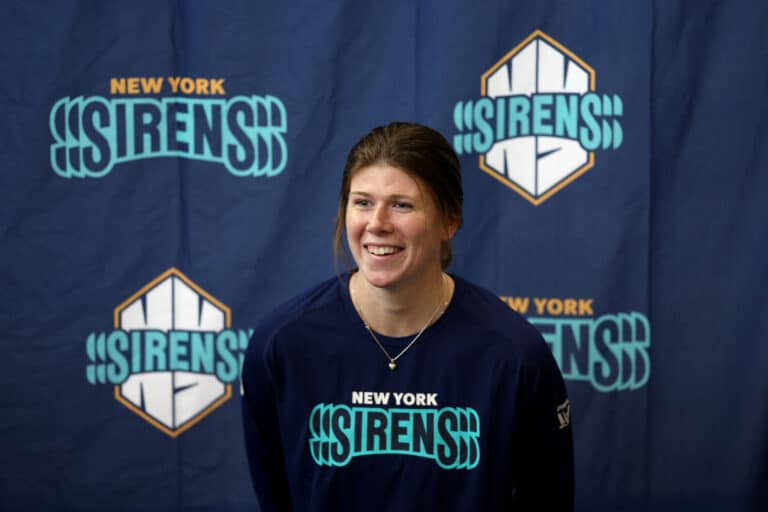 Abigail Levy of the New York Sirens speaks to reporters during the New York Sirens Media Day at the Richard J. Codey Arena on November 14, 2024 in West Orange, New Jersey.