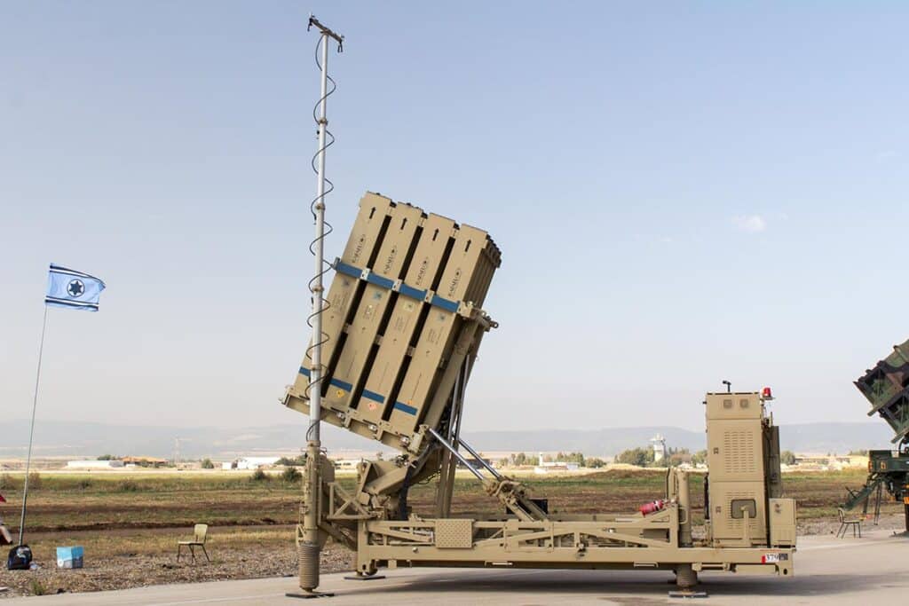 An Iron Dome launcher at the Israeli Air Force exhibition at Ramat David AFB on Israel's 69th Independence Day.