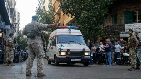 Lebanese army soldiers secure the area for an ambulance to enter the premises of the American University hospital. Eight people have been killed and some 2,750 injured in suspected coordinated explosions of hand-held telecommunications devices across Lebanon, Health Minister Firas Abiad said during a press conference in Beirut on 17 September.