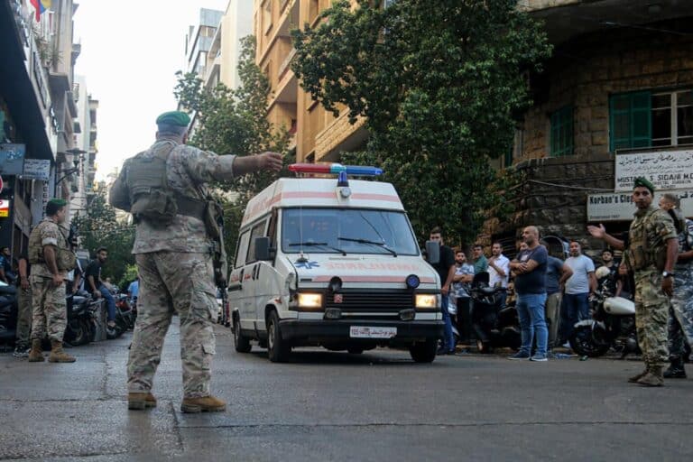 Lebanese army soldiers secure the area for an ambulance to enter the premises of the American University hospital. Eight people have been killed and some 2,750 injured in suspected coordinated explosions of hand-held telecommunications devices across Lebanon, Health Minister Firas Abiad said during a press conference in Beirut on 17 September.