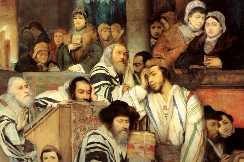 Maurycy Gottlieb: Jews Praying in the Synagogue on Yom Kippur (1878).