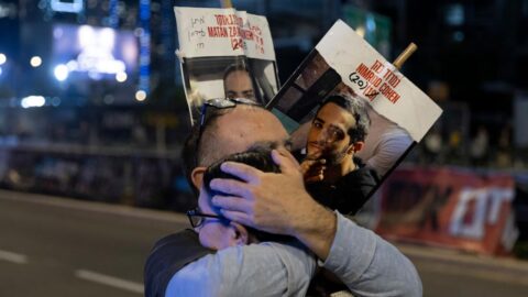 Protesters calling for the return of hostages held in the Gaza Strip react after a Gaza ceasefire and hostage release deal was reached on January 15, 2025 in Tel Aviv, Israel.