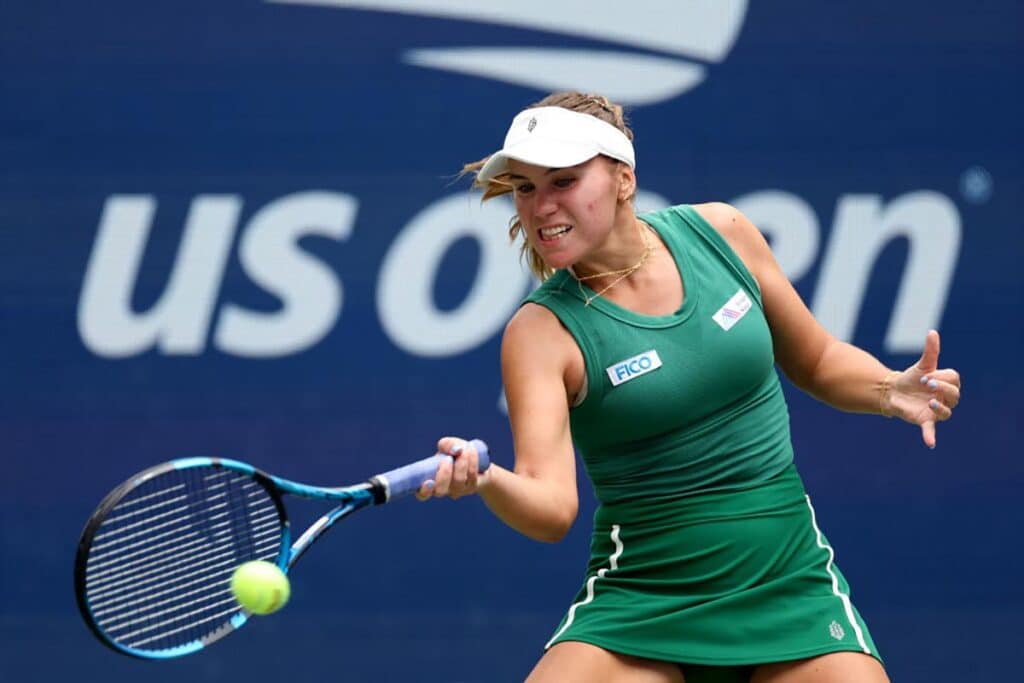 Sofia Kenin of the United States returns a shot against Jessica Pegula of the United States during their Women's Singles Second Round match on Day Four of the 2024 US Open at USTA Billie Jean King National Tennis Center on August 29, 2024 in the Flushing neighborhood of the Queens borough of New York City.