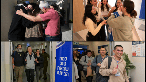 [From top-left clockwise:] Arbel Yehoud, Agam Berger, Gadi Mozes, and five Thai citizens arrive in Israel after being released by Hamas and the Palestinian Islamic Jihad as part of the Israel-Hamas ceasefire. January 30, 2025.