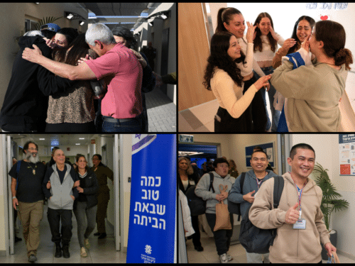 [From top-left clockwise:] Arbel Yehoud, Agam Berger, Gadi Mozes, and five Thai citizens arrive in Israel after being released by Hamas and the Palestinian Islamic Jihad as part of the Israel-Hamas ceasefire. January 30, 2025.