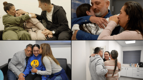 [Clockwise from top-left:] Daniella Gilboa, Naama Levy, Karina Ariev, and Liri Albag meet with their families after being released from Hamas captivity.