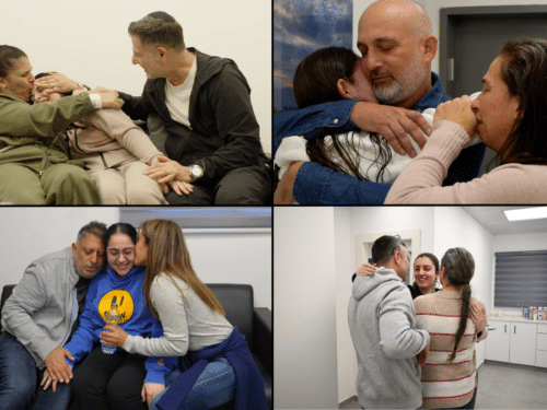 [Clockwise from top-left:] Daniella Gilboa, Naama Levy, Karina Ariev, and Liri Albag meet with their families after being released from Hamas captivity.