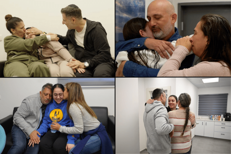 [Clockwise from top-left:] Daniella Gilboa, Naama Levy, Karina Ariev, and Liri Albag meet with their families after being released from Hamas captivity.