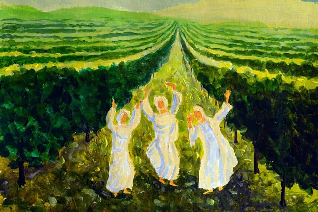 An oil painting of women dancing in white dresses in vineyards on Tu B'Av.